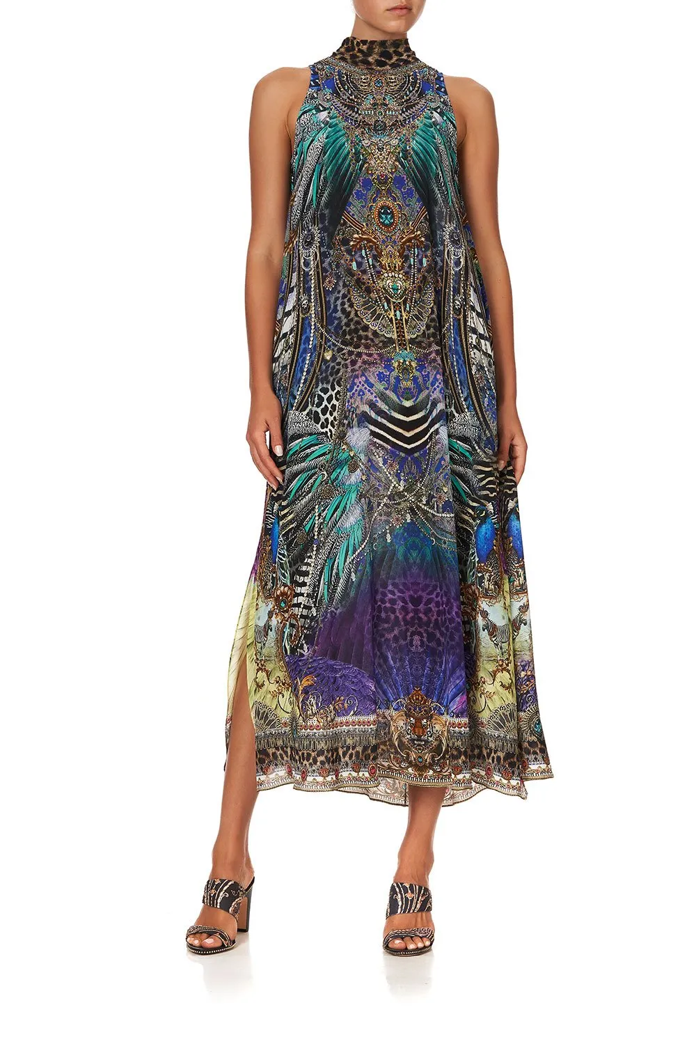 HIGH NECK DRESS WITH BACK NECK TIE ANIMAL ARMY