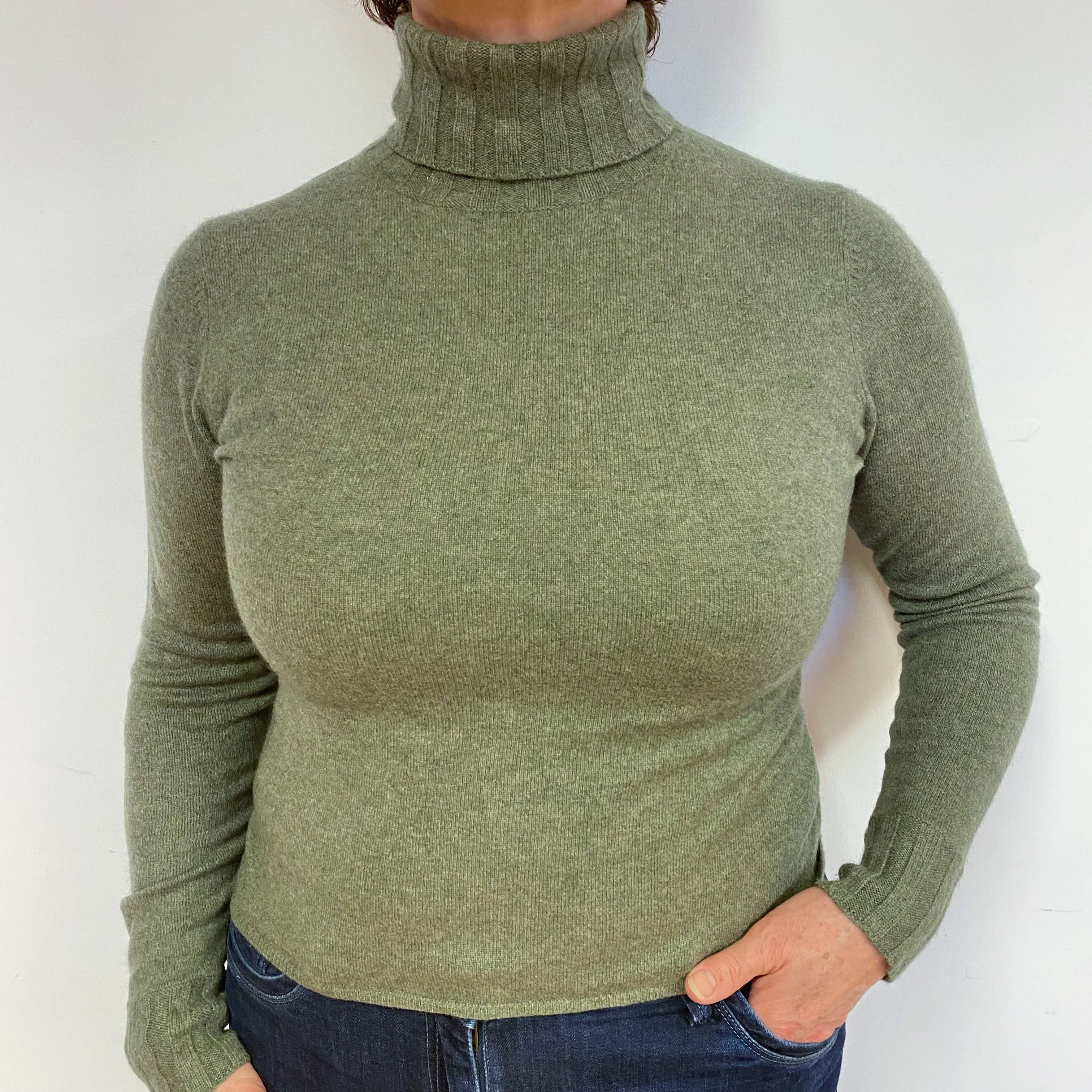 Khaki Cashmere Polo Neck Jumper Large