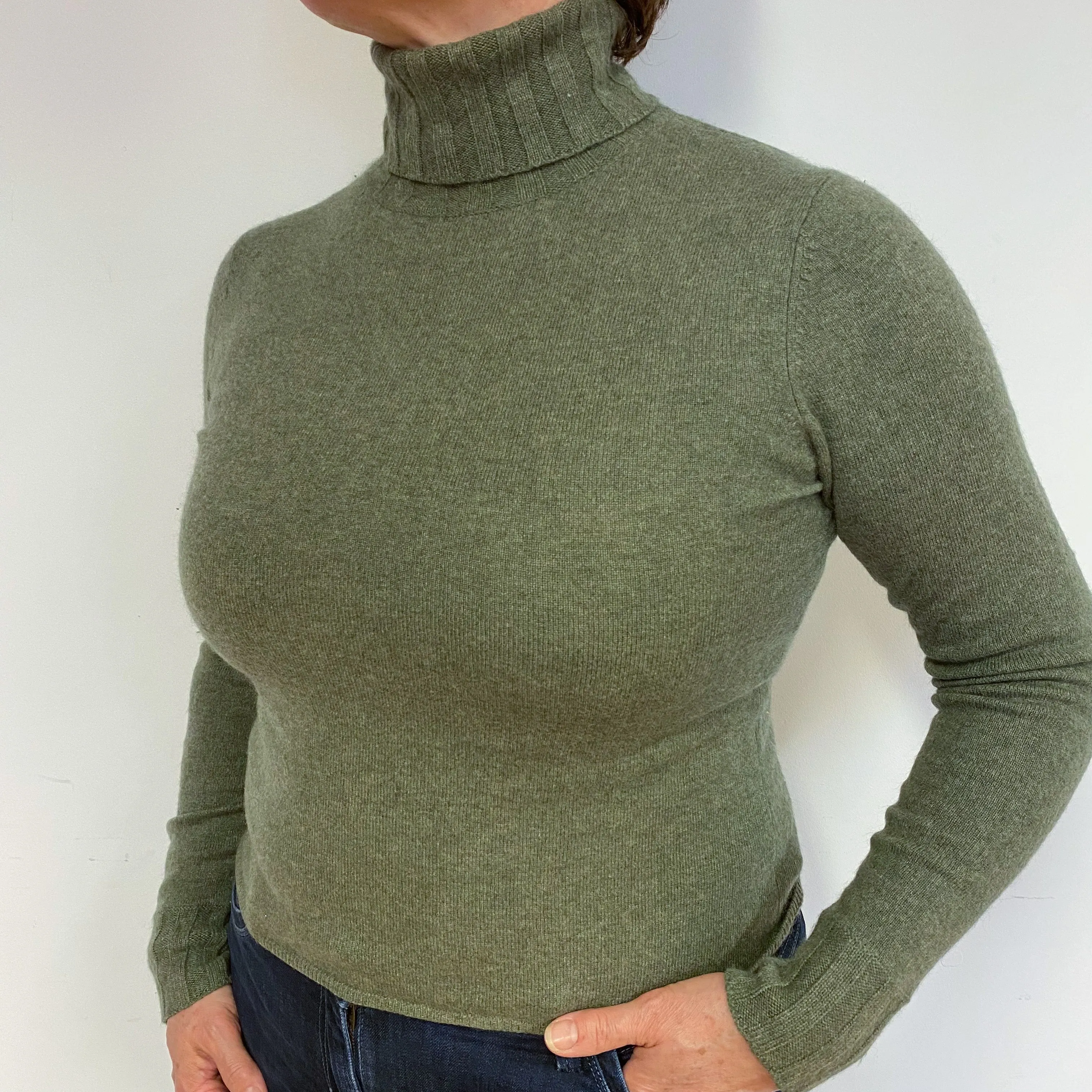 Khaki Cashmere Polo Neck Jumper Large