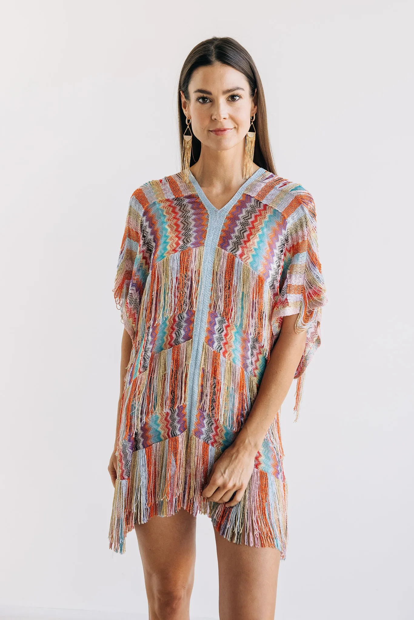 Layered Fringe Rainbow Chevron Poncho - One Size