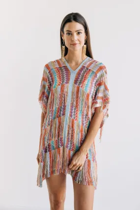 Layered Fringe Rainbow Chevron Poncho - One Size