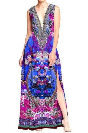 Long Blue Prom Dress With V Neck