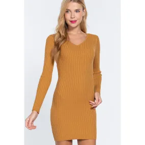 Long Slv V-neck Sweater Mini Dress