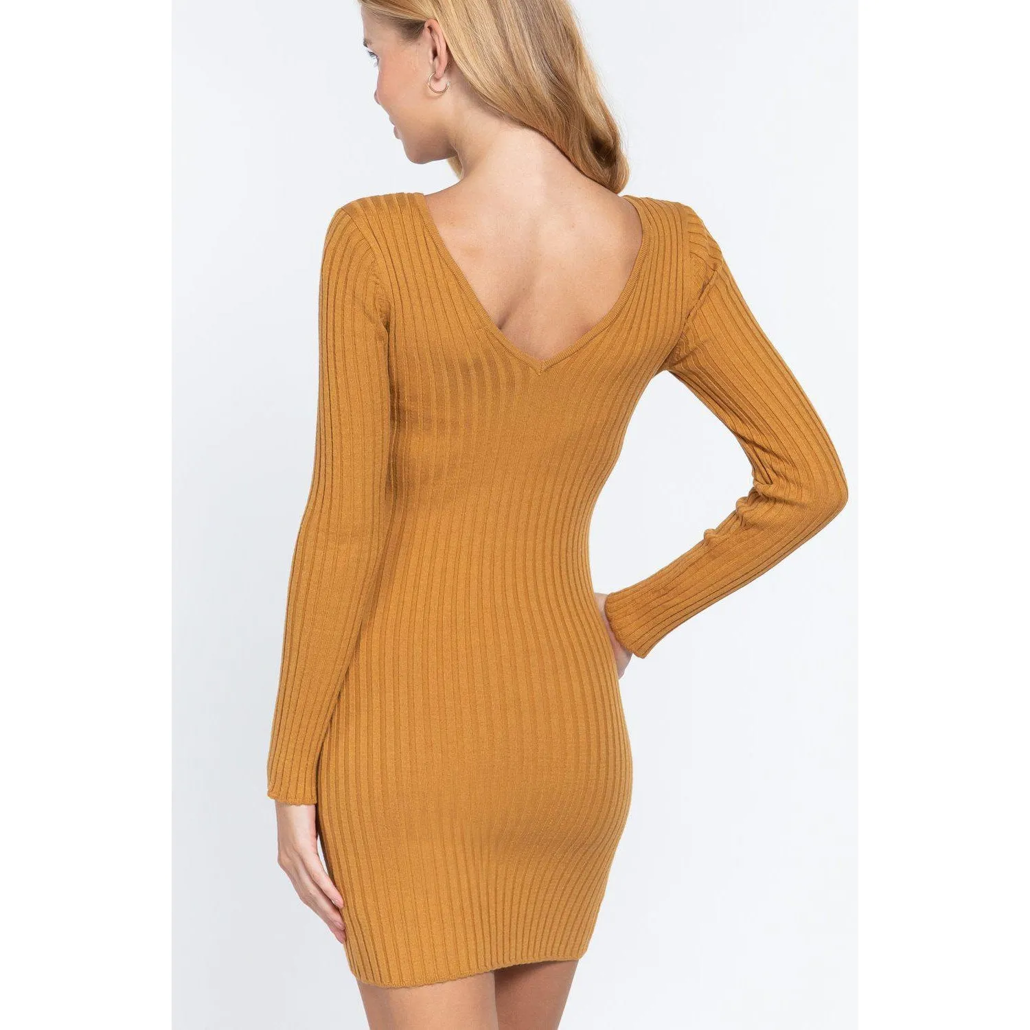Long Slv V-neck Sweater Mini Dress