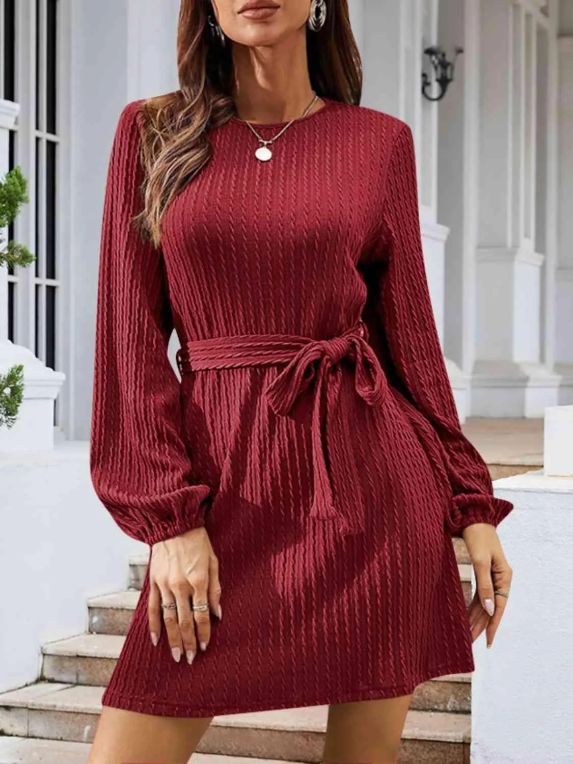 Lovely Autumn Knitted Tie Waist Sweater Dress