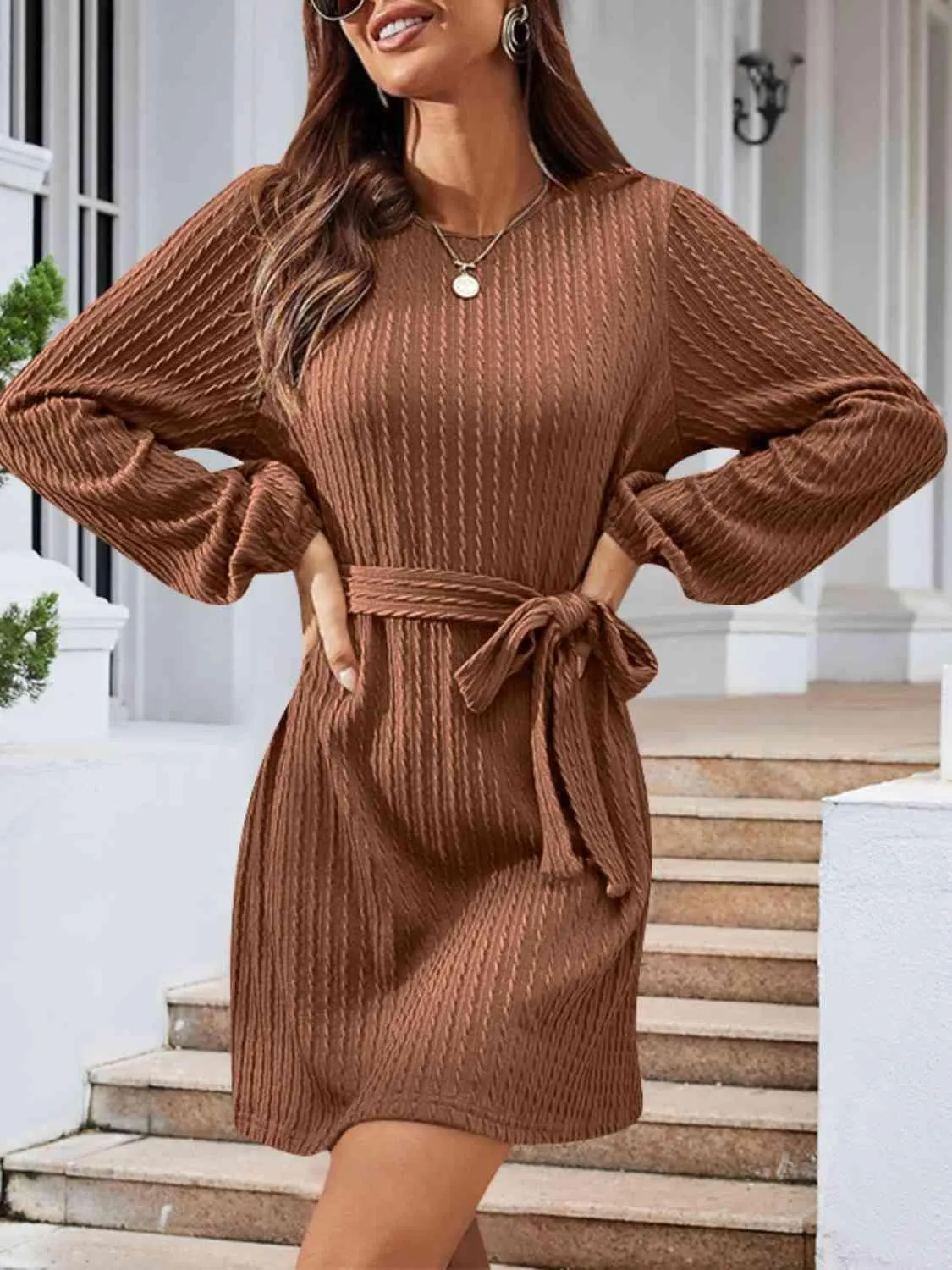Lovely Autumn Knitted Tie Waist Sweater Dress