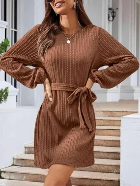 Lovely Autumn Knitted Tie Waist Sweater Dress