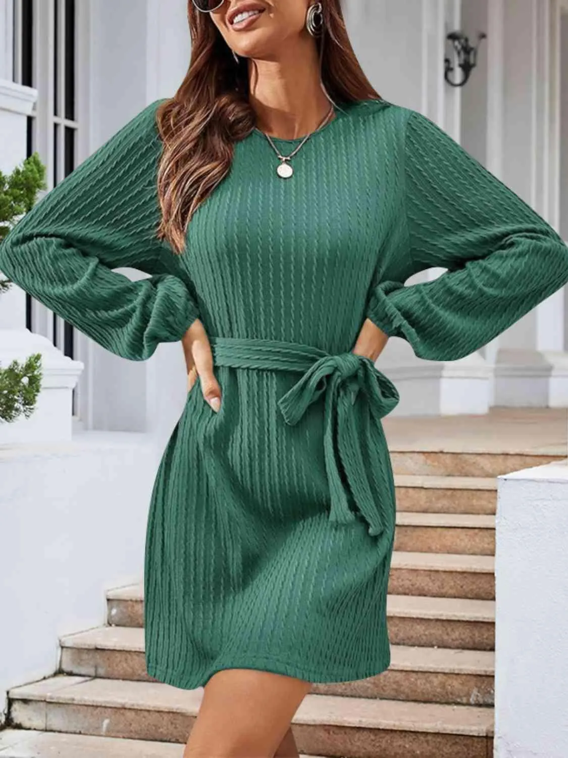 Lovely Autumn Knitted Tie Waist Sweater Dress