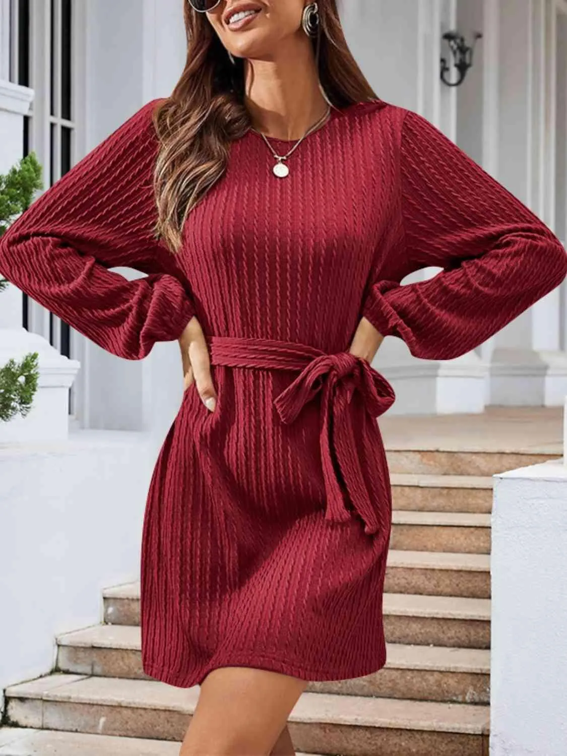 Lovely Autumn Knitted Tie Waist Sweater Dress