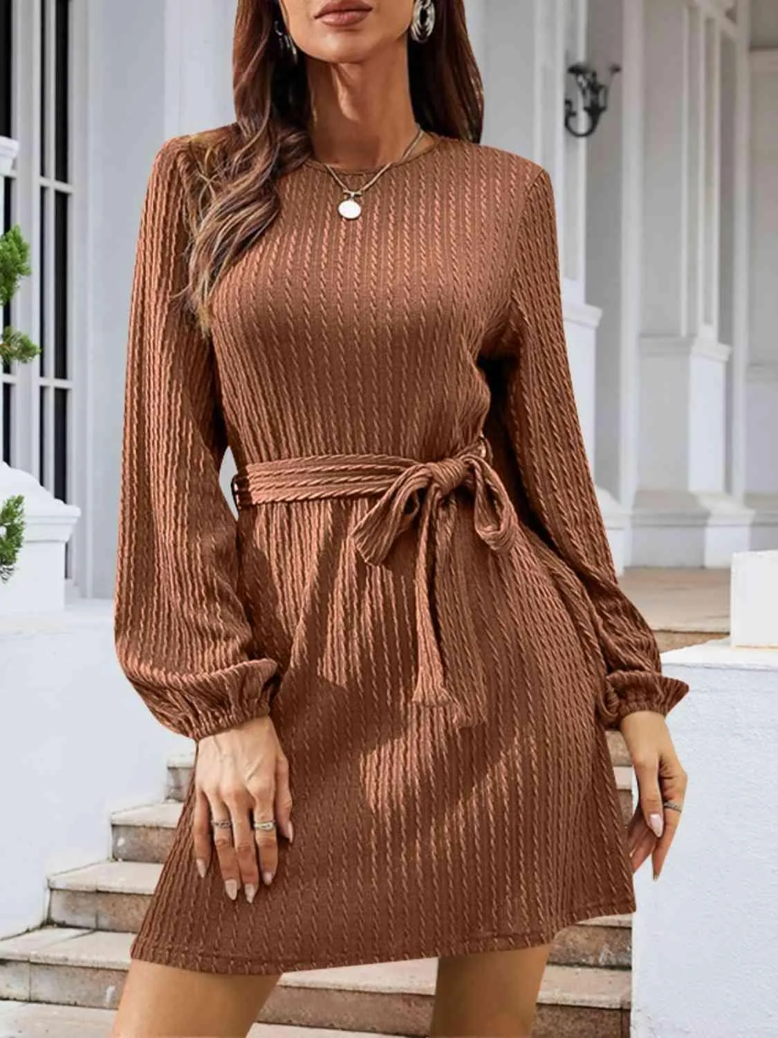 Lovely Autumn Knitted Tie Waist Sweater Dress