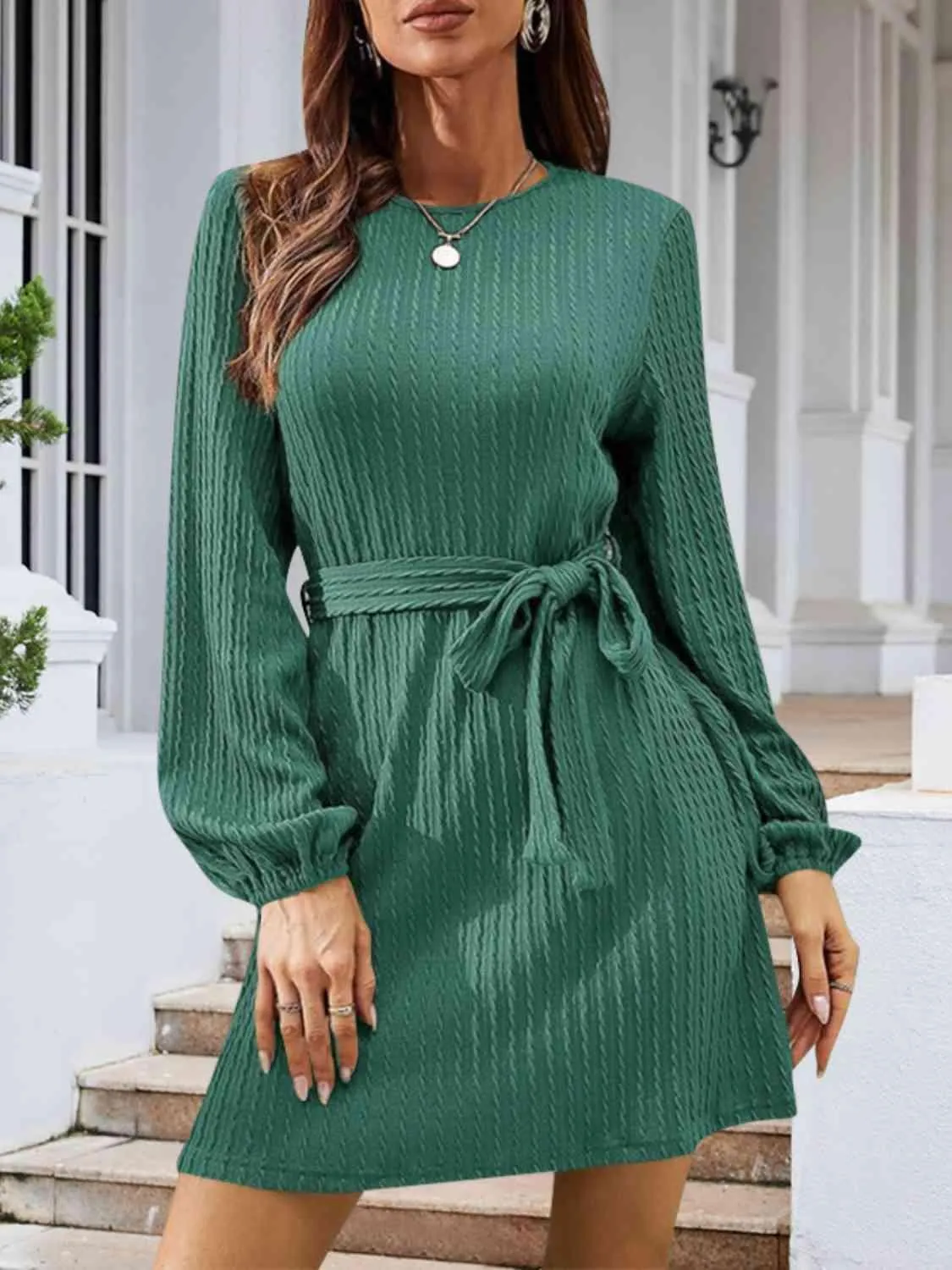 Lovely Autumn Knitted Tie Waist Sweater Dress