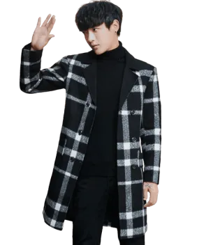 Men Black Colors Plaid Overcoat