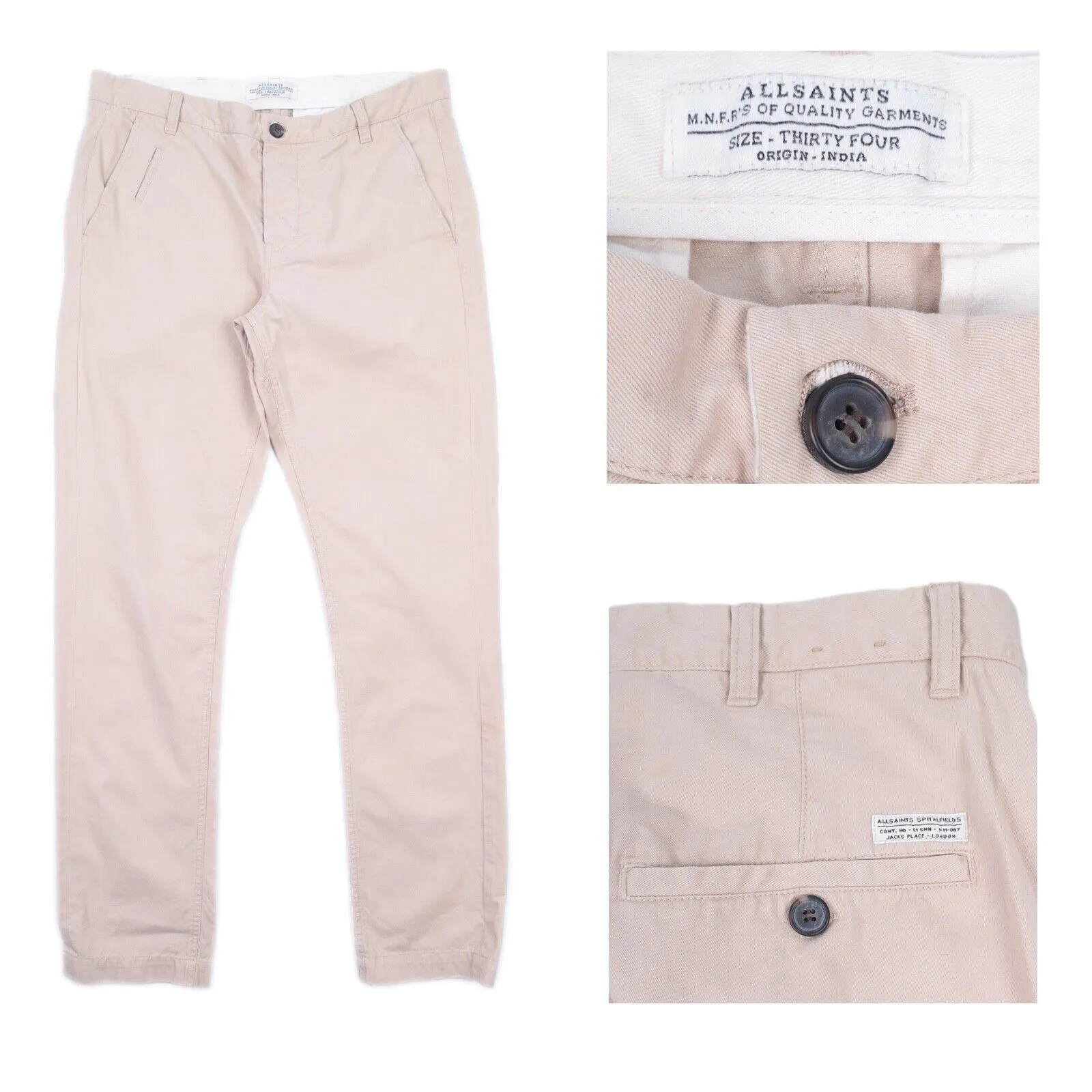 Men's ALLSAINTS Beige Cotton Chino Pants Casual Trousers Size 34