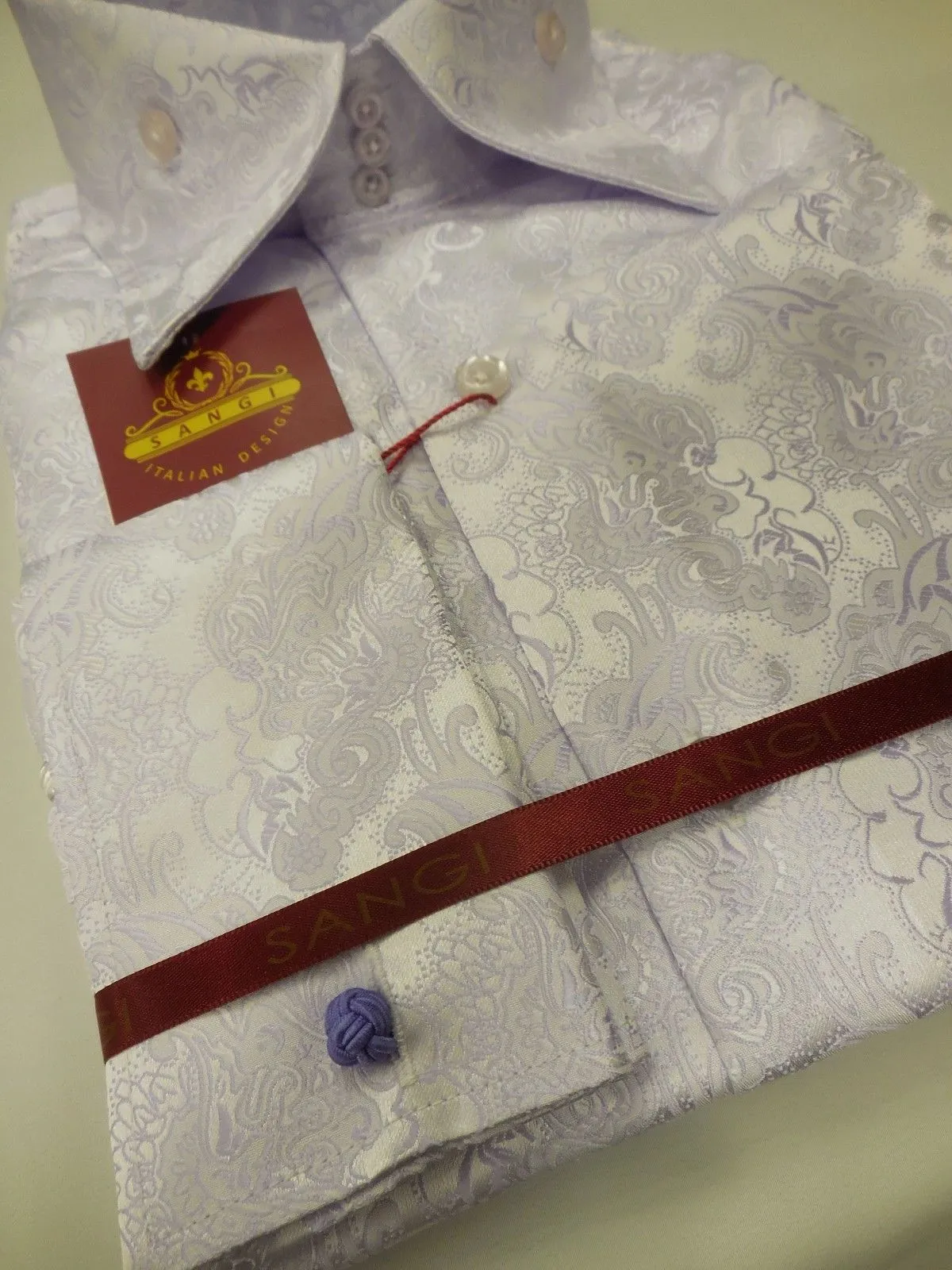 Mens Polished Lavender Pearl Rococo Fashion High Collar Cuffed Shirt SANGI 1021