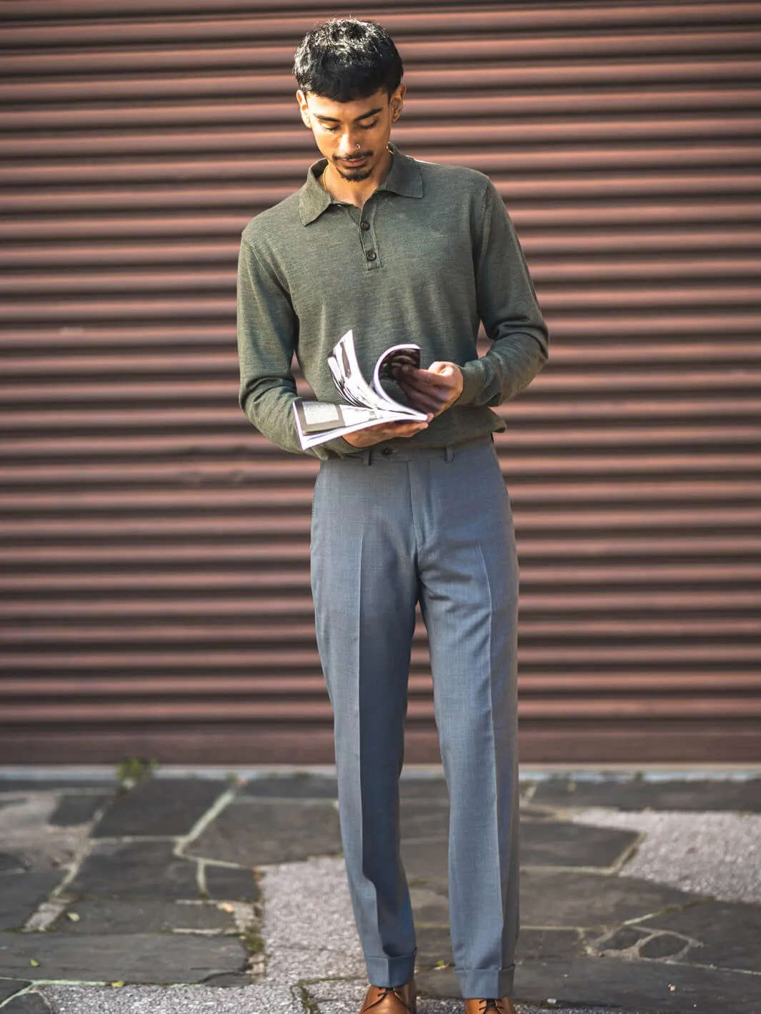 Merino Knit Long-Sleeve Polo - Olive Green