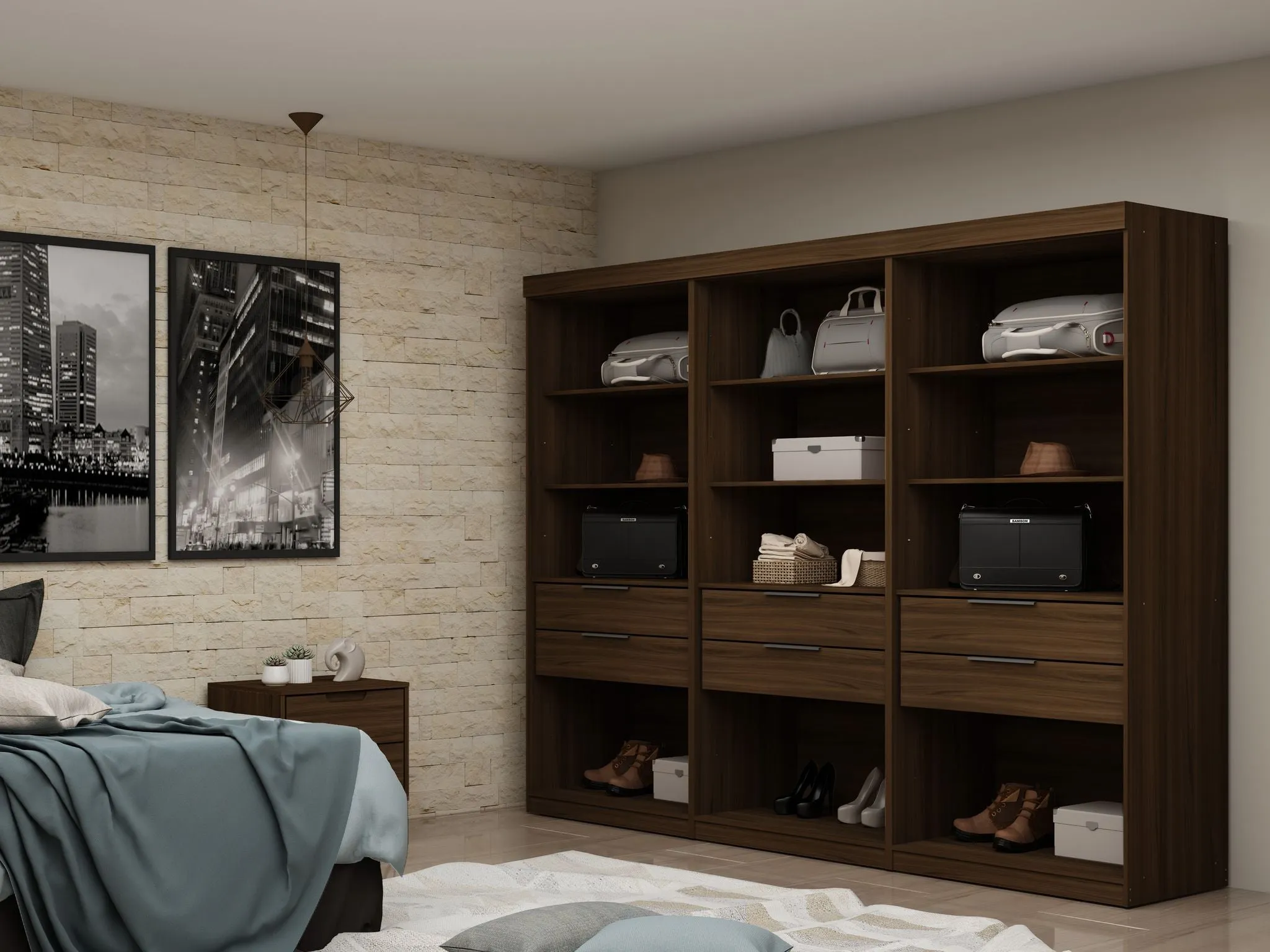Mulberry Open 3 Sectional Modem Wardrobe Closet with 6 Drawers - Set of 3 in Brown