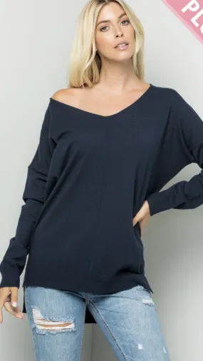 Navy V-Neck Side Slit Sweater