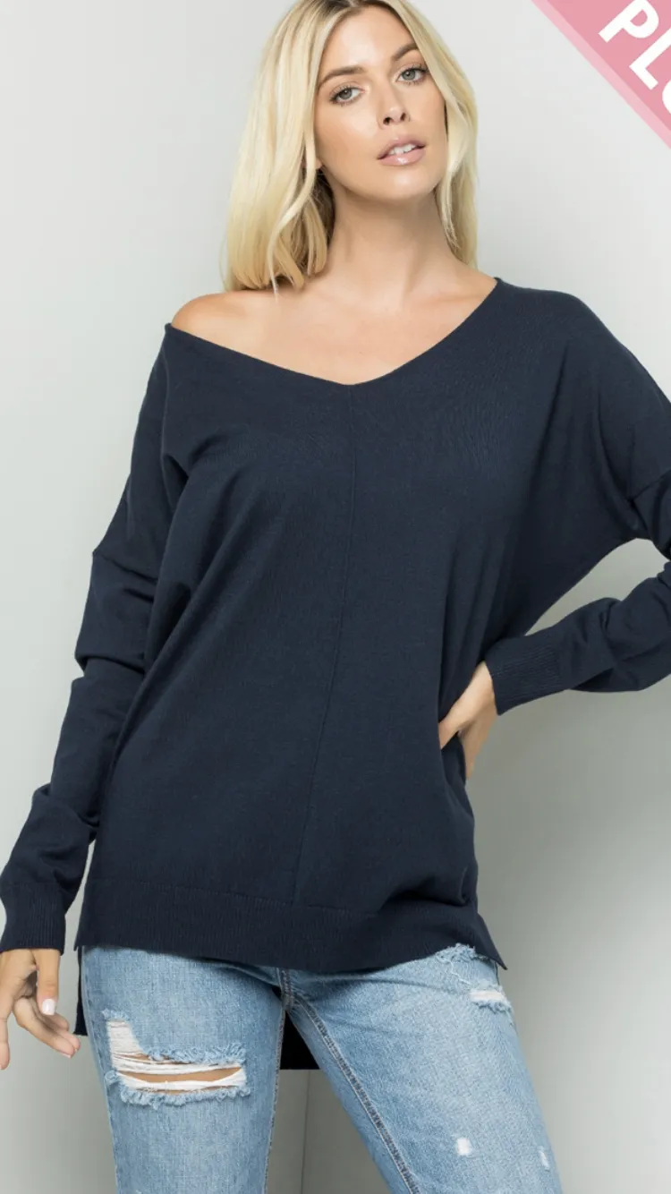 Navy V-Neck Side Slit Sweater