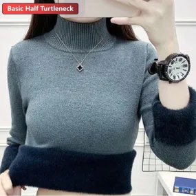 New Elegant Thicken Velvet Lined Turtleneck Winter Sweater for Women - Warm Sueter Knitted Pullover, Slim Tops, and Jersey Knitwear Jumper.