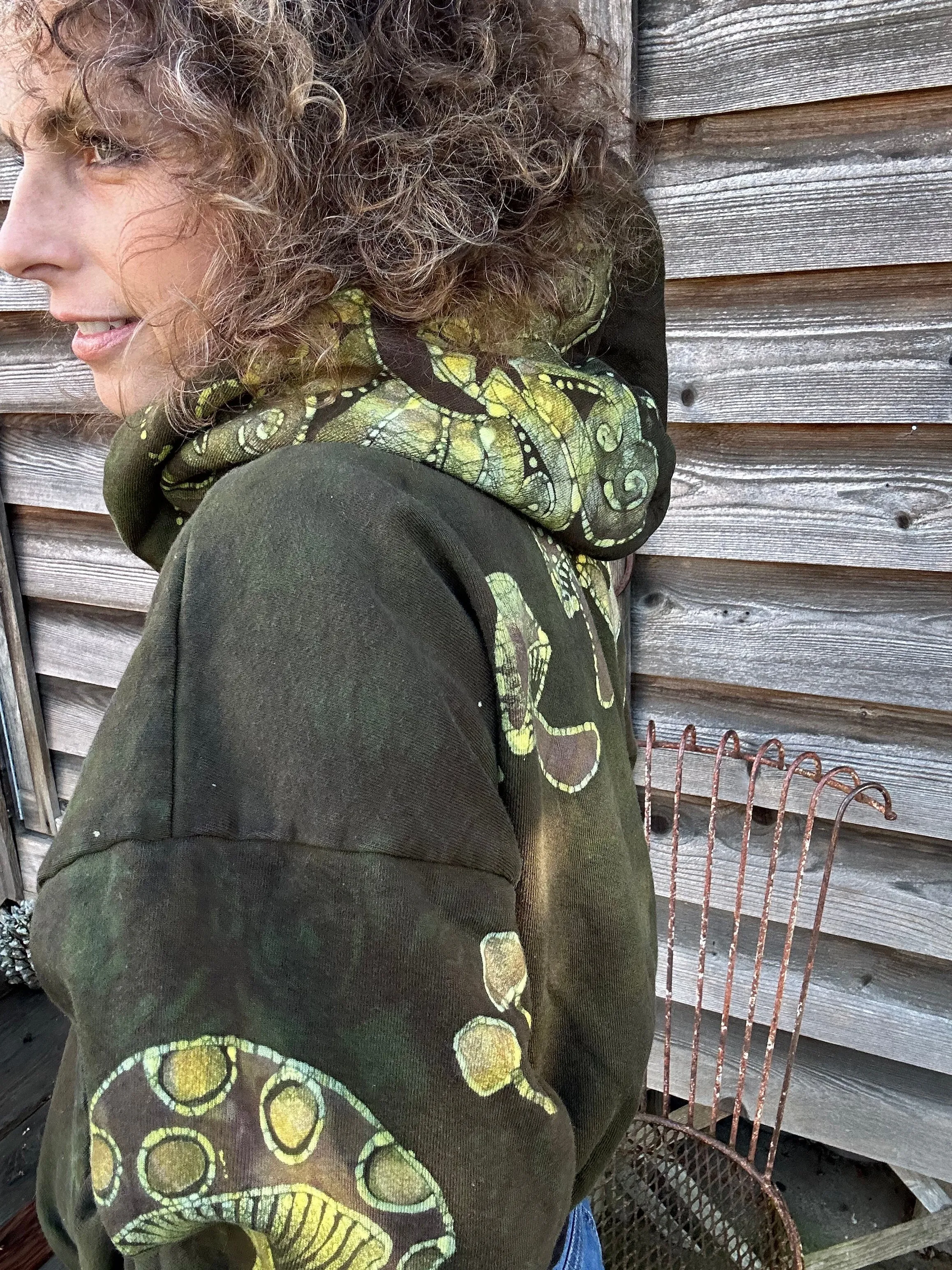 Olive Green Mushroom Hunter Batik Hoodie