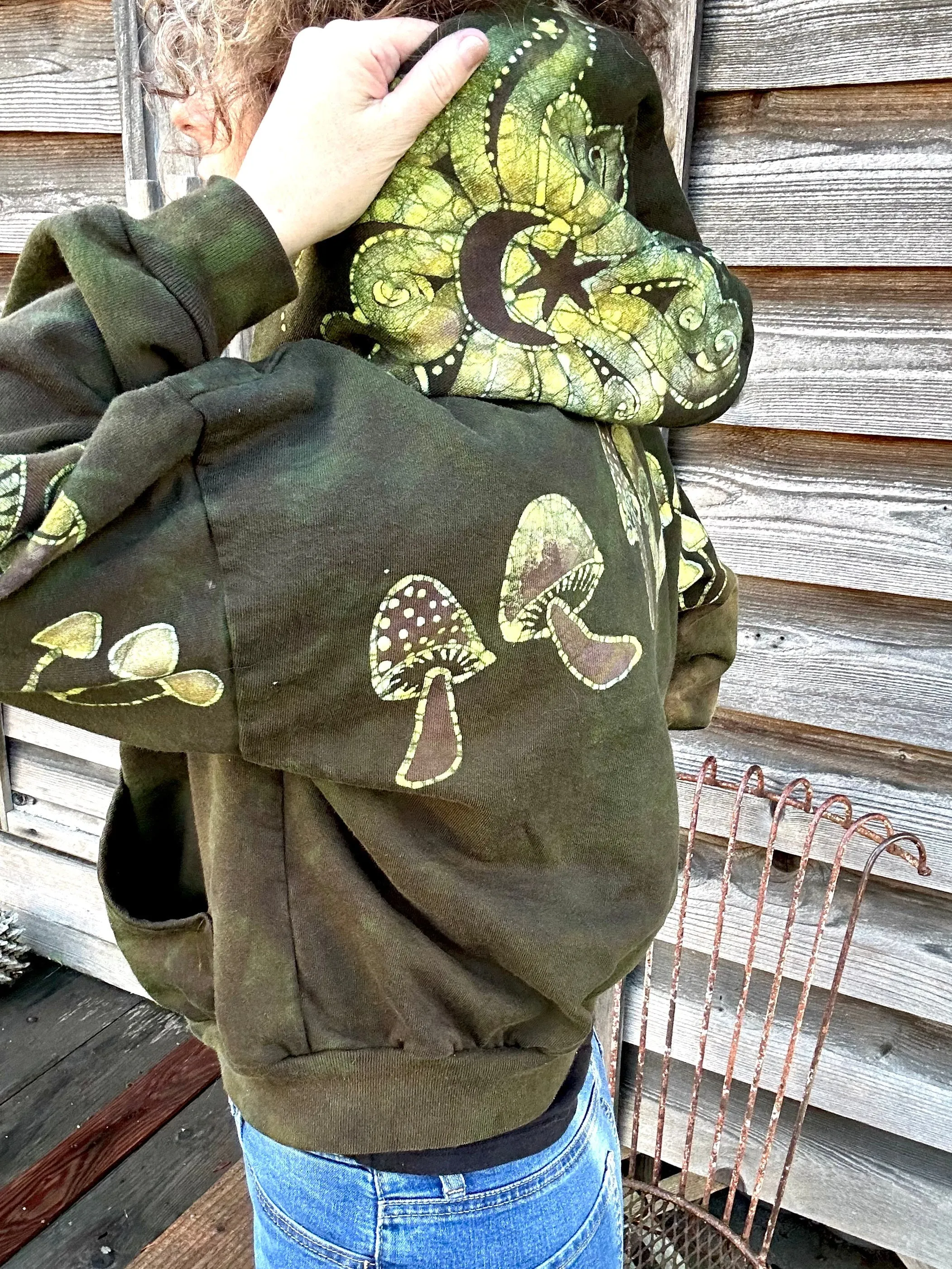 Olive Green Mushroom Hunter Batik Hoodie
