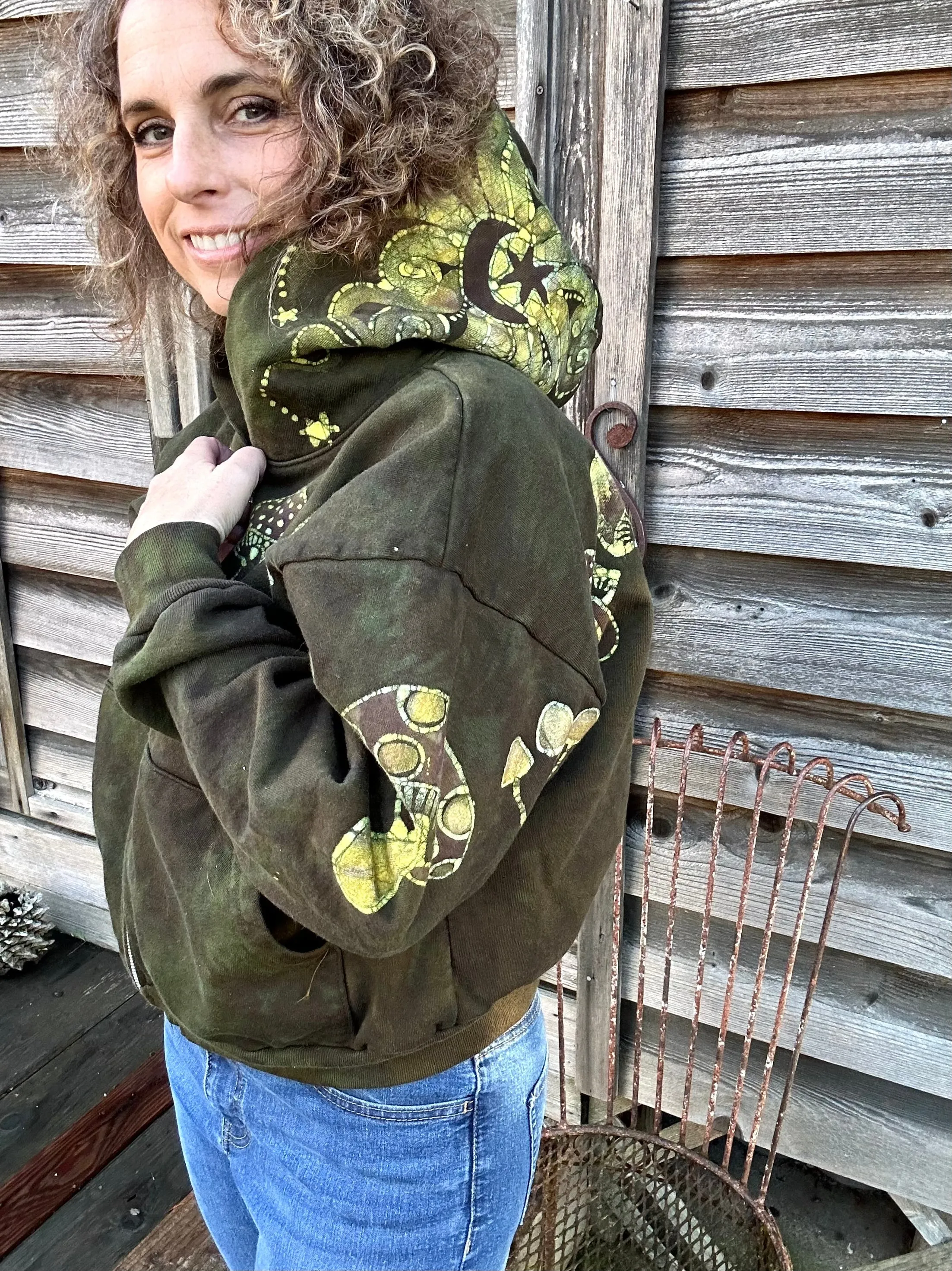Olive Green Mushroom Hunter Batik Hoodie