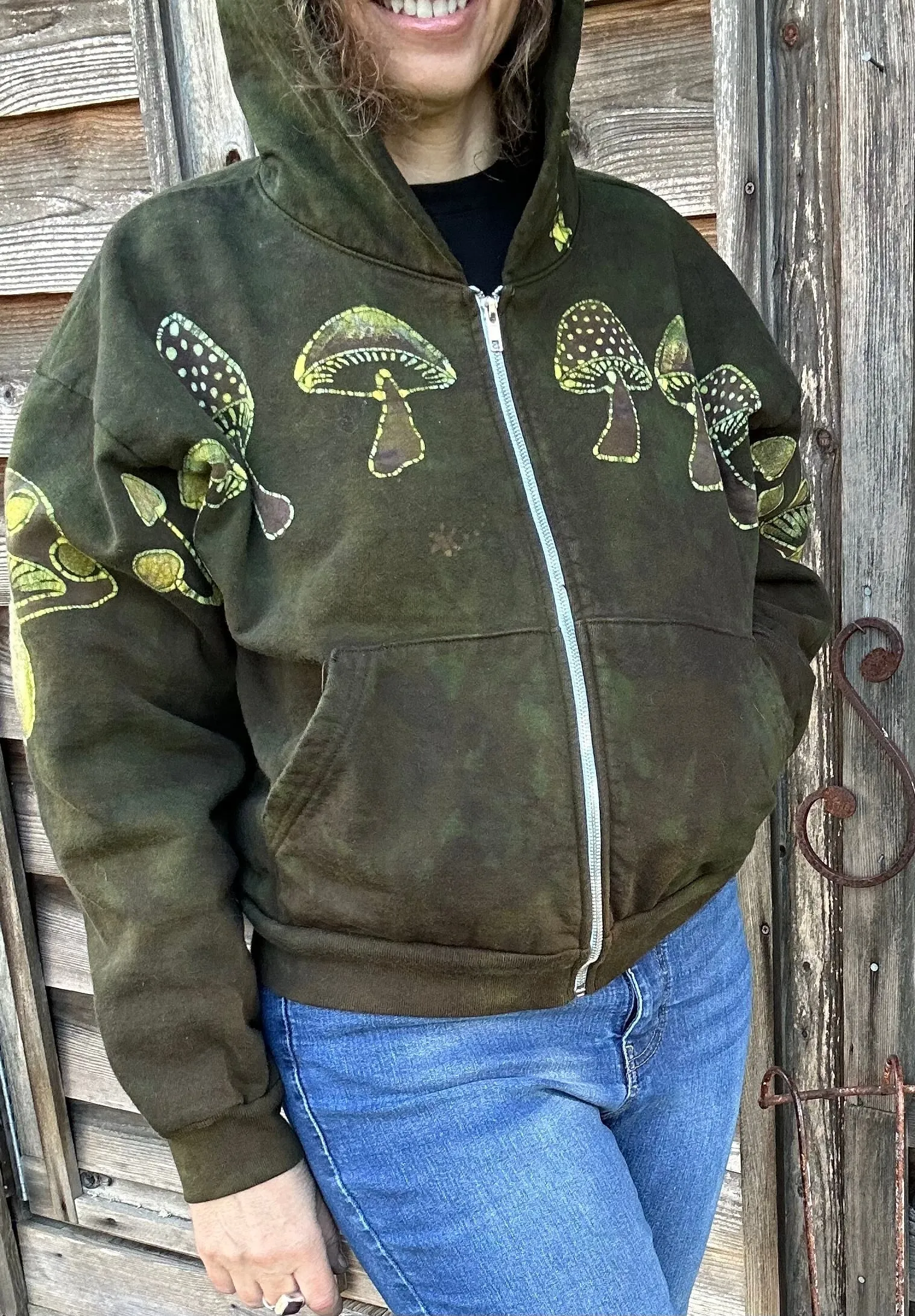Olive Green Mushroom Hunter Batik Hoodie