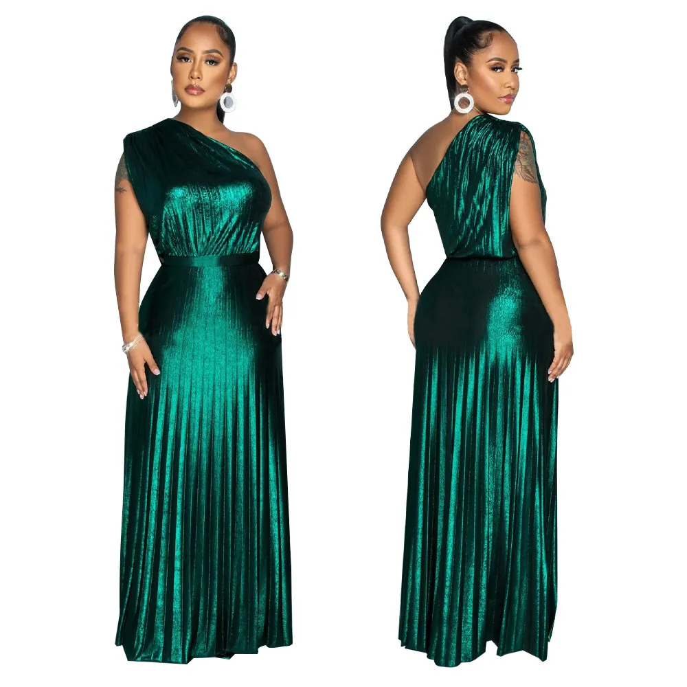 One Shoulder Metallic Maxi Dress