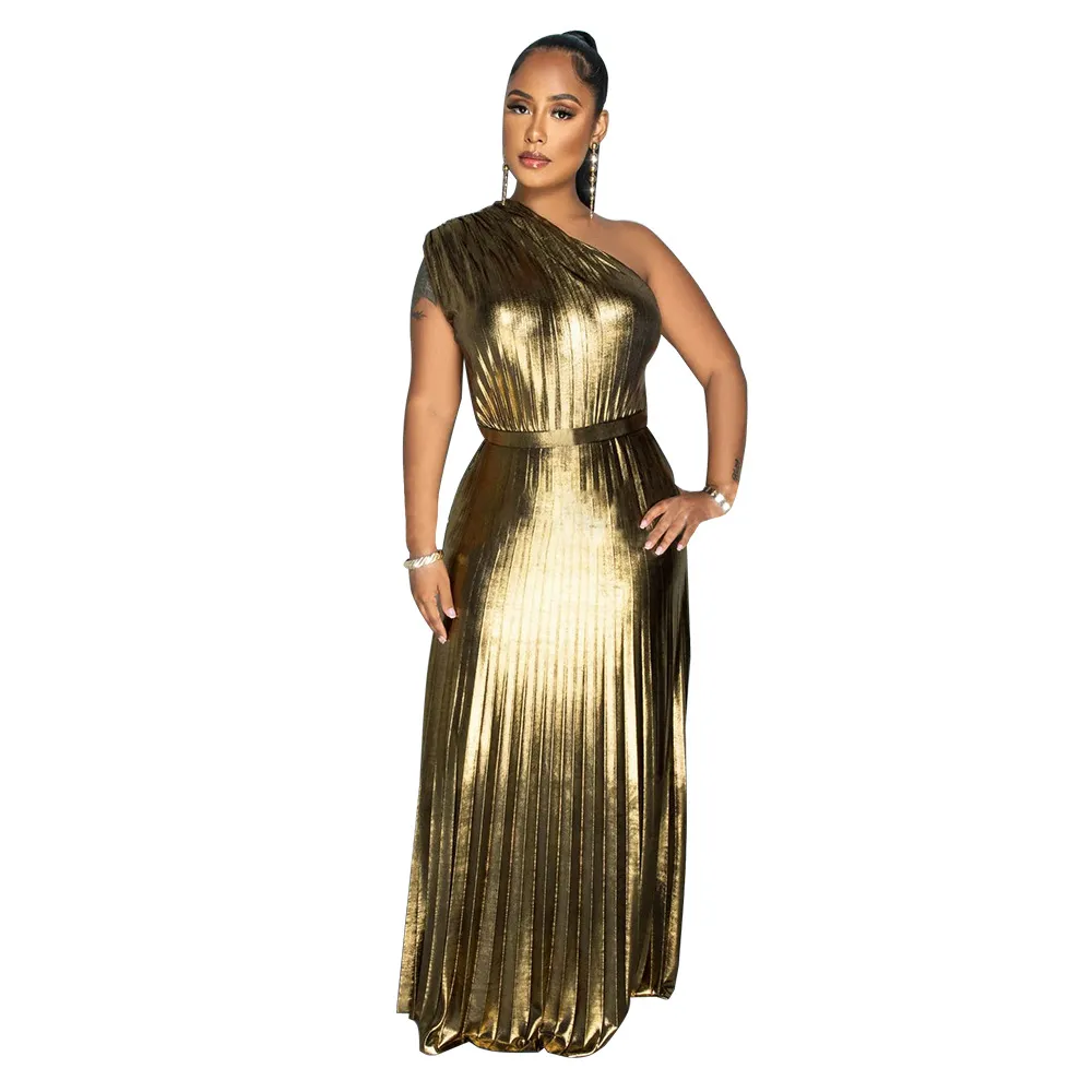 One Shoulder Metallic Maxi Dress