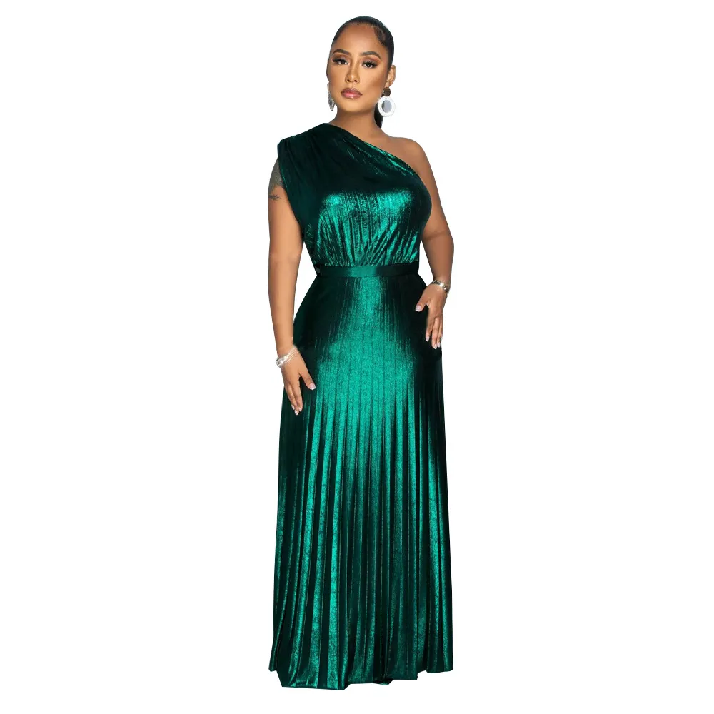 One Shoulder Metallic Maxi Dress