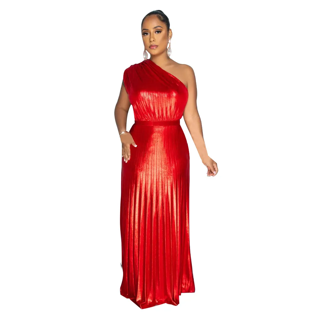 One Shoulder Metallic Maxi Dress