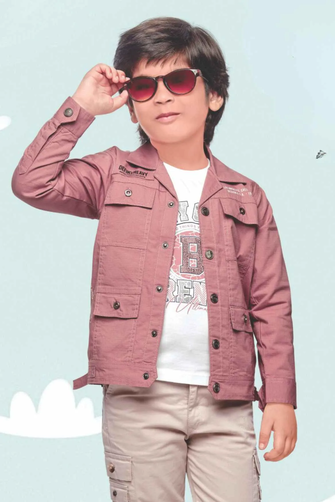 Onion Pink Overcoat With White Shirt And Pant Set For Boys