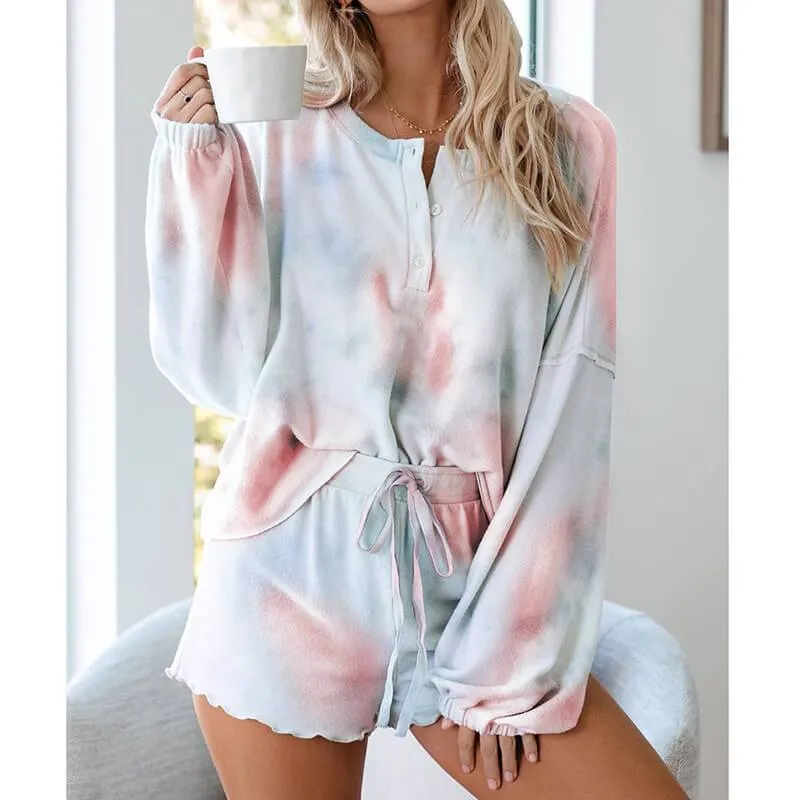 Pajamas Print Bandage Long Sleeve Blouse Short Pants Sets