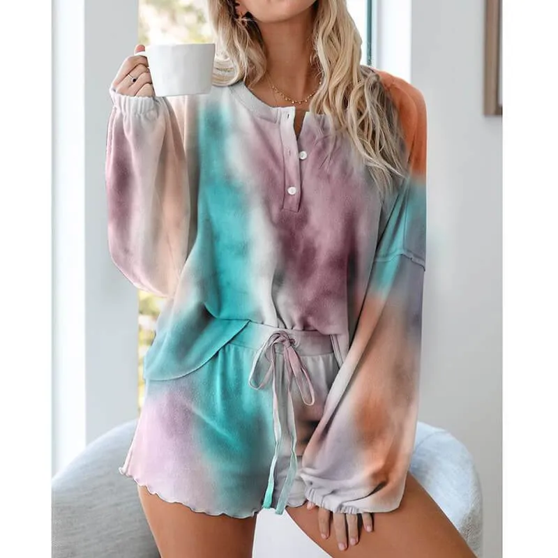 Pajamas Print Bandage Long Sleeve Blouse Short Pants Sets