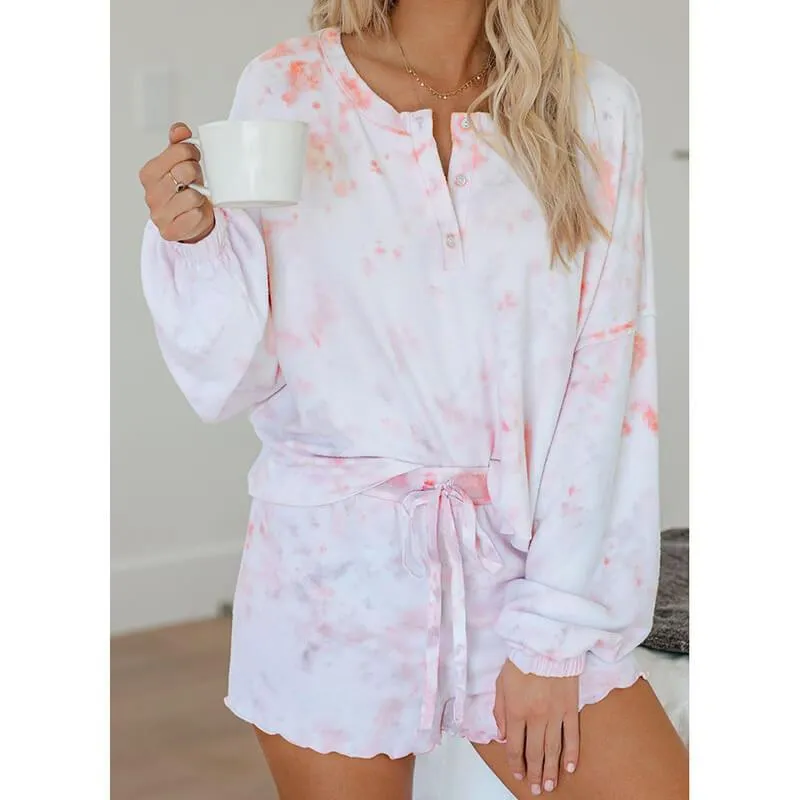 Pajamas Print Bandage Long Sleeve Blouse Short Pants Sets