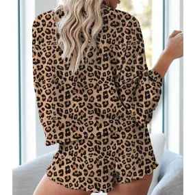 Pajamas Print Bandage Long Sleeve Blouse Short Pants Sets