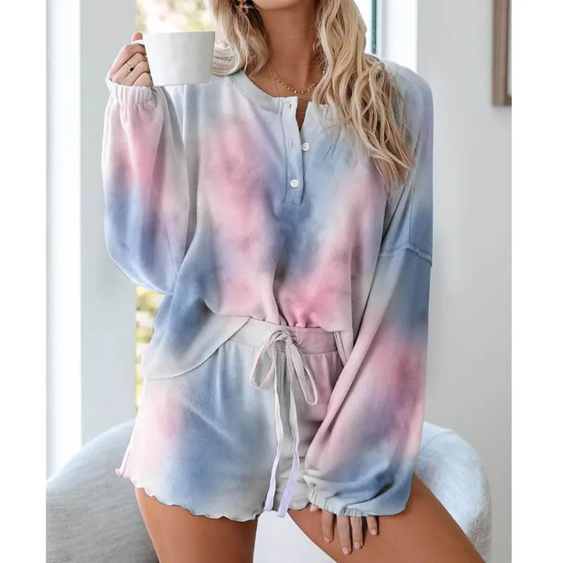 Pajamas Print Bandage Long Sleeve Blouse Short Pants Sets