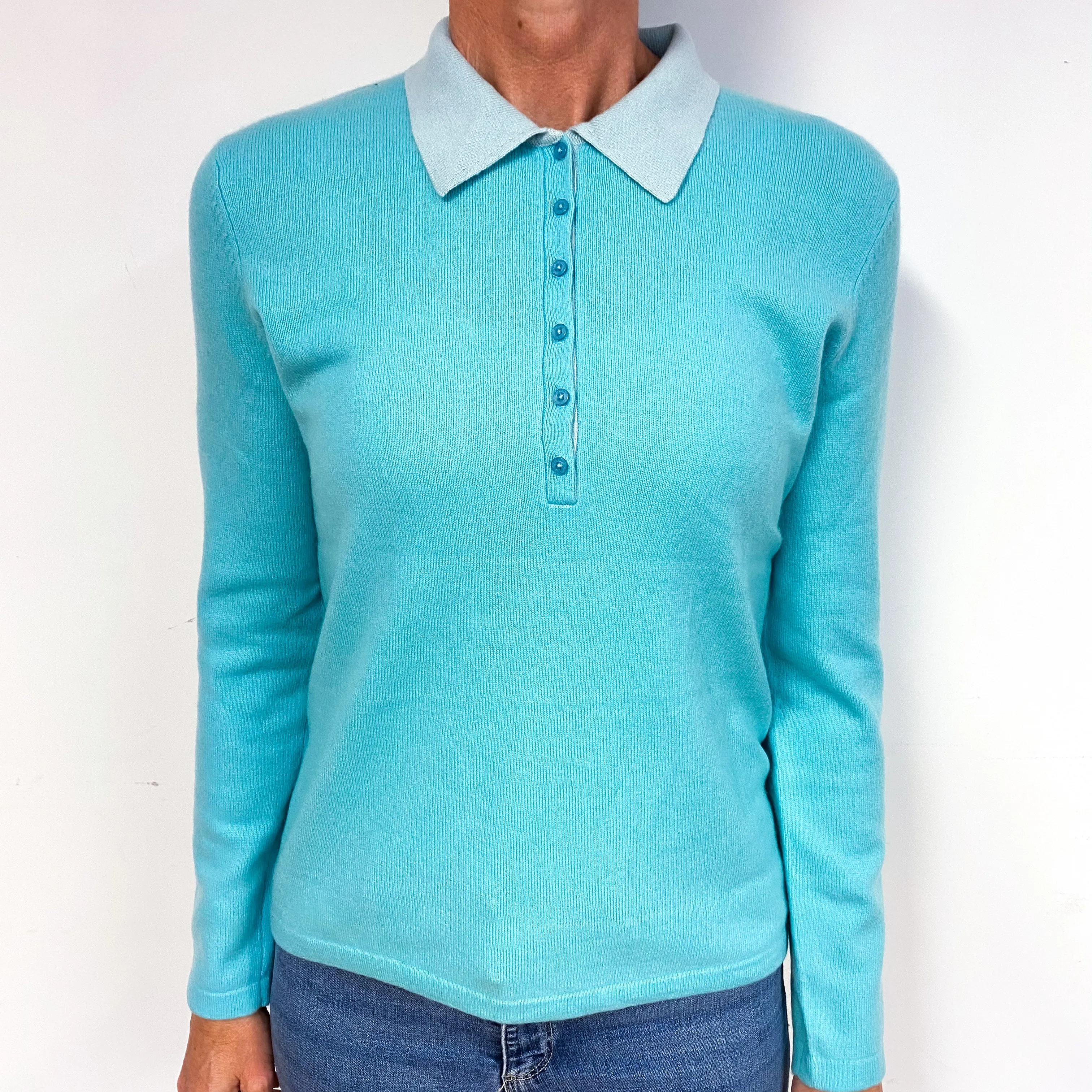Pale Turquoise Cashmere Buttoned Jumper with Collar Medium