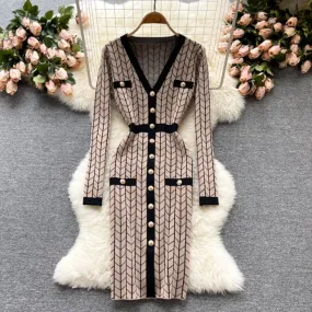 Plaid Knitted Long Sleeve Sweater Dress