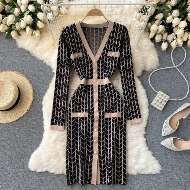 Plaid Knitted Long Sleeve Sweater Dress