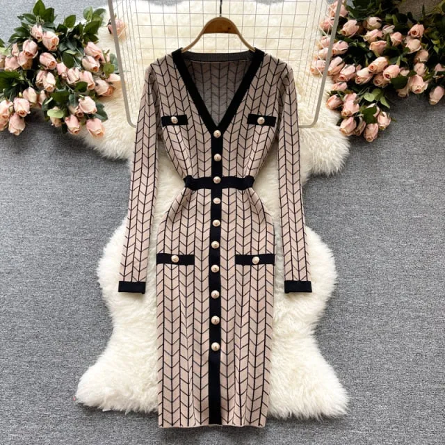 Plaid Knitted Long Sleeve Sweater Dress