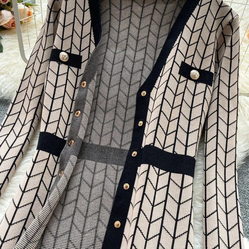 Plaid Knitted Long Sleeve Sweater Dress