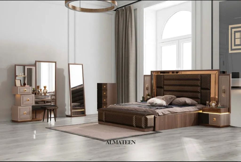 Porto Bedroom Set with King Size Bed, Dresser, Wardrobe and Side Tables
