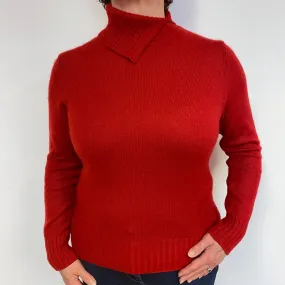 Post Box Red Cashmere Split Polo Neck Jumper Large