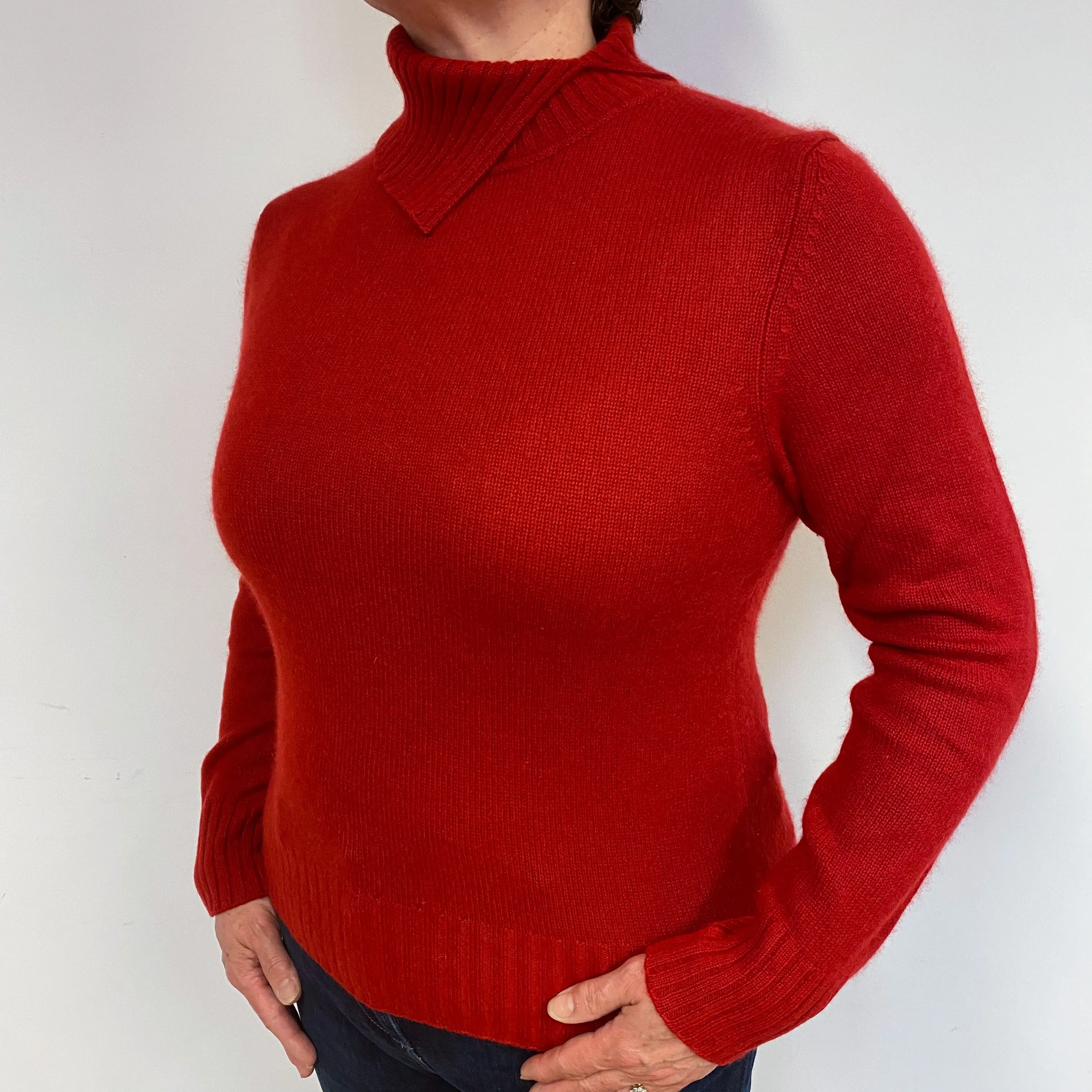 Post Box Red Cashmere Split Polo Neck Jumper Large