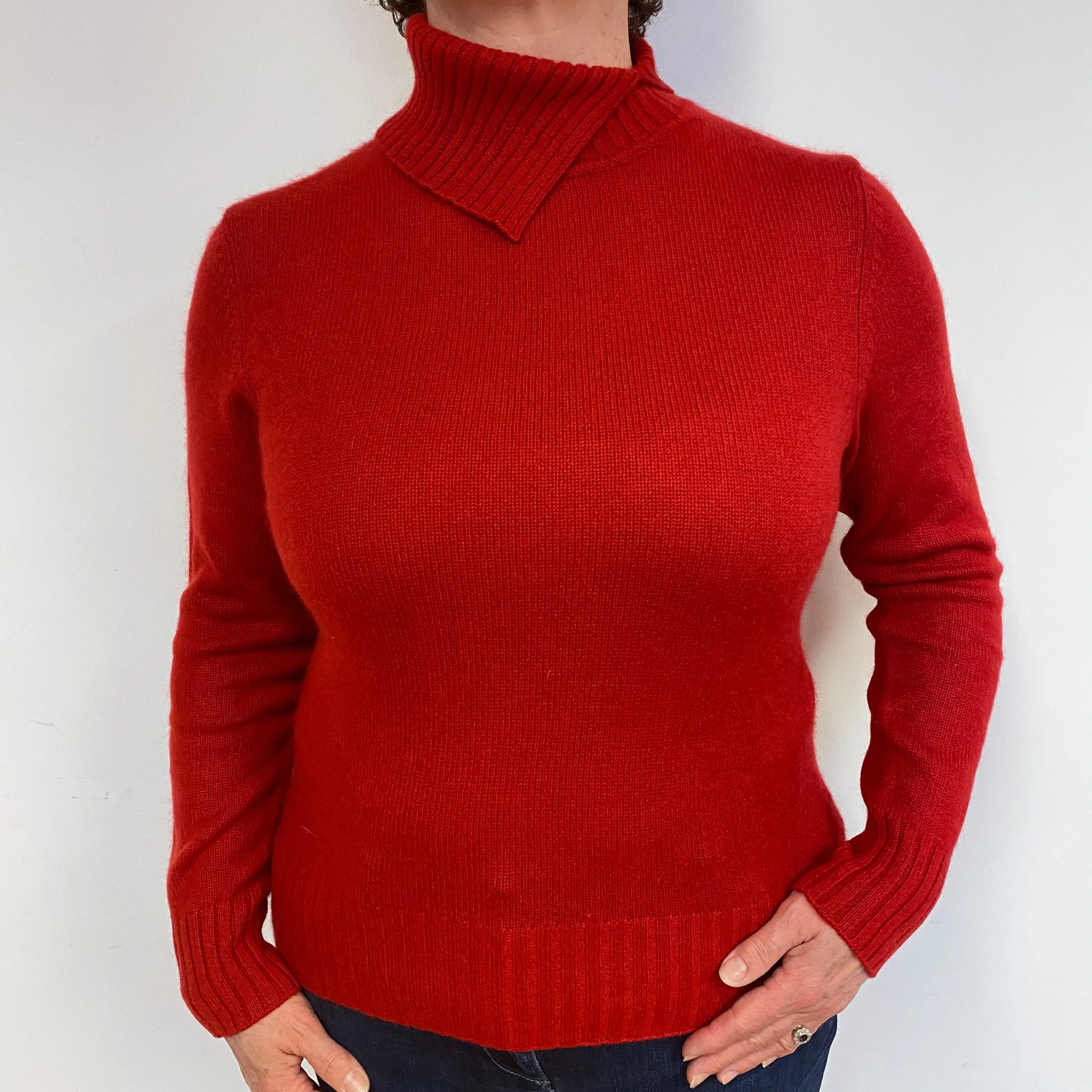 Post Box Red Cashmere Split Polo Neck Jumper Large