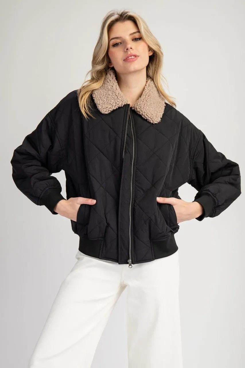 Quilted Fur Collar Zipper Jacket