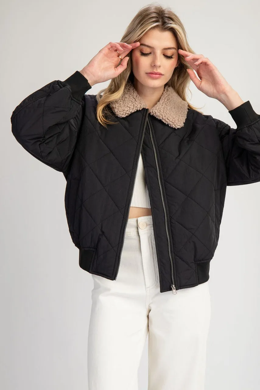 Quilted Fur Collar Zipper Jacket