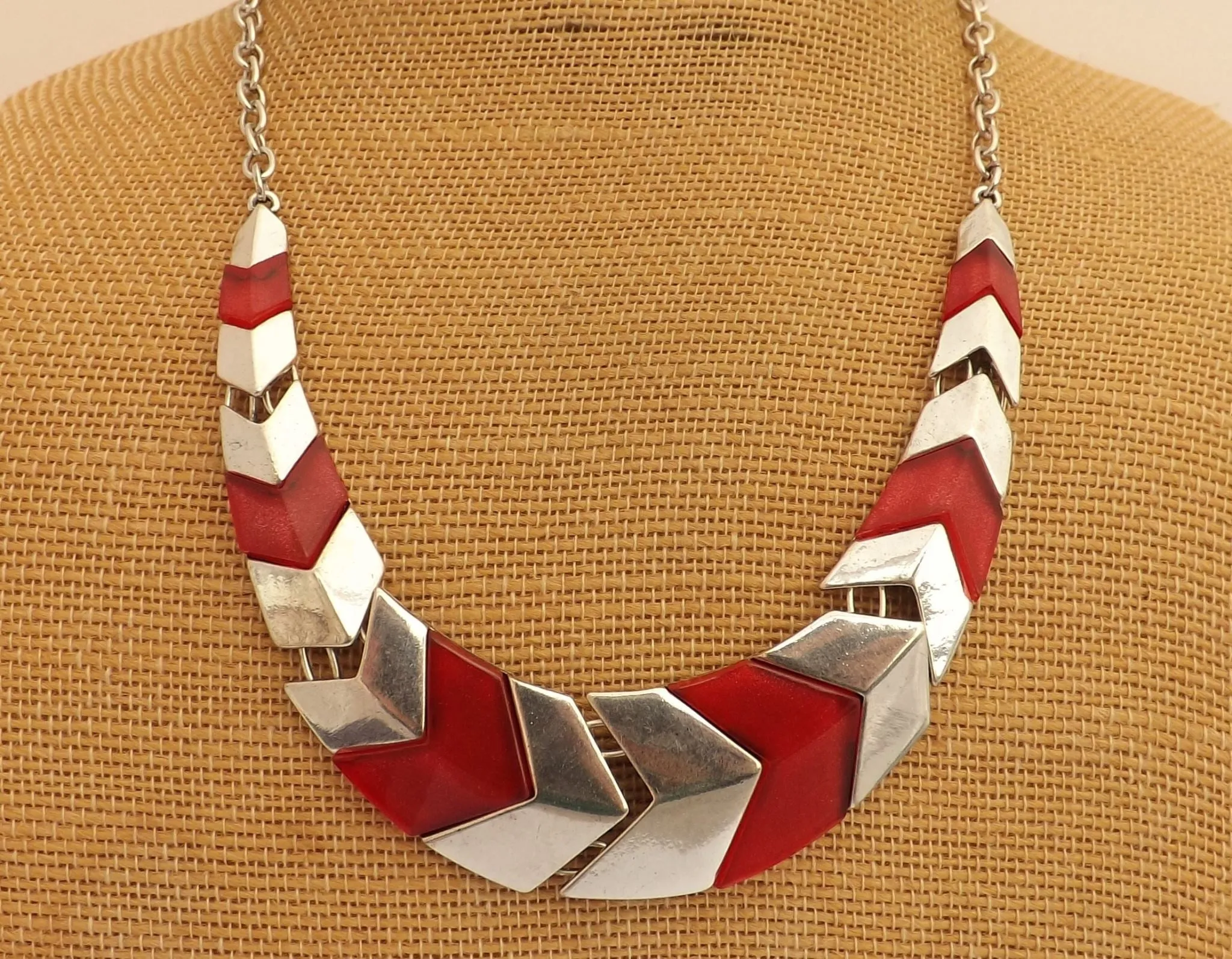 Red & Silver Tone Triangular Collar Tone Necklace