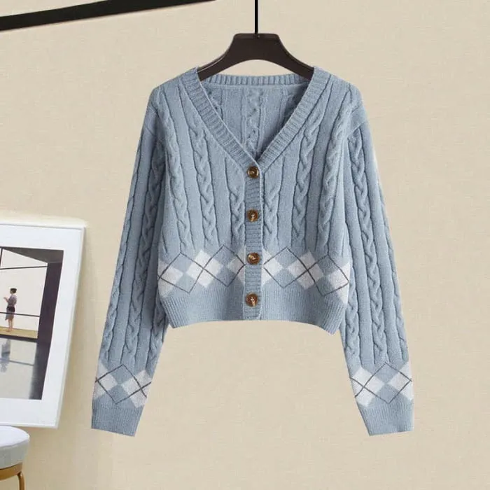 Rhombus Print Cardigan Sweater Slip Dress Set